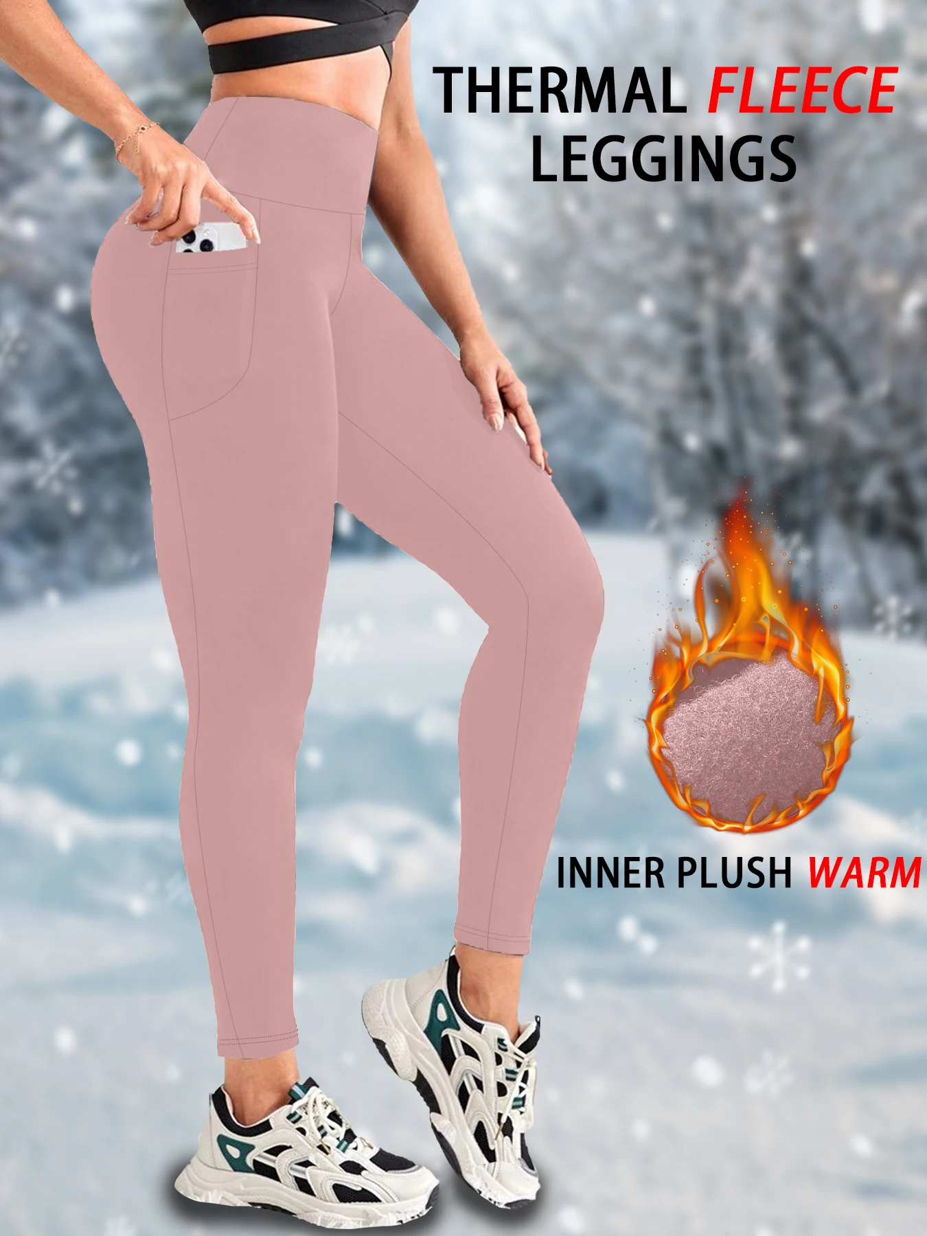 Color: Pink, Size: S - Womens Thermal Fleece Lined High Waisted with pockets Leggings, Workout Winter Warm Thick Tights Soft Yoga Running Pants