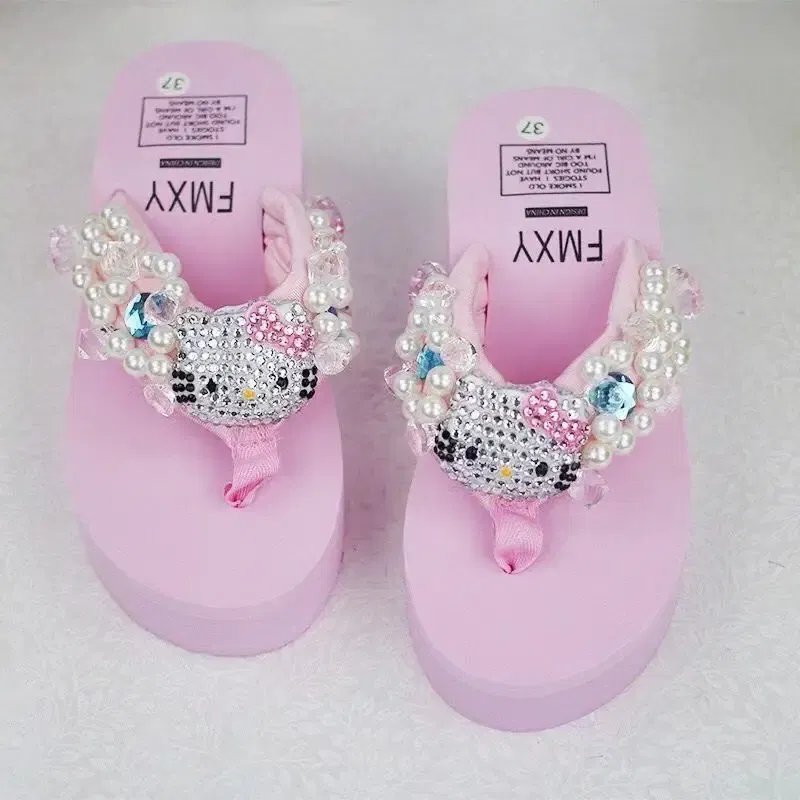 Color: Beige, Shoe Size: 35 - Sanrio Hello Kitty Soft Flip Flop Sandals Y2k Beach Slides Shoes Women Kawaii Casual Wedge High Heels Platform Slippers Ladies