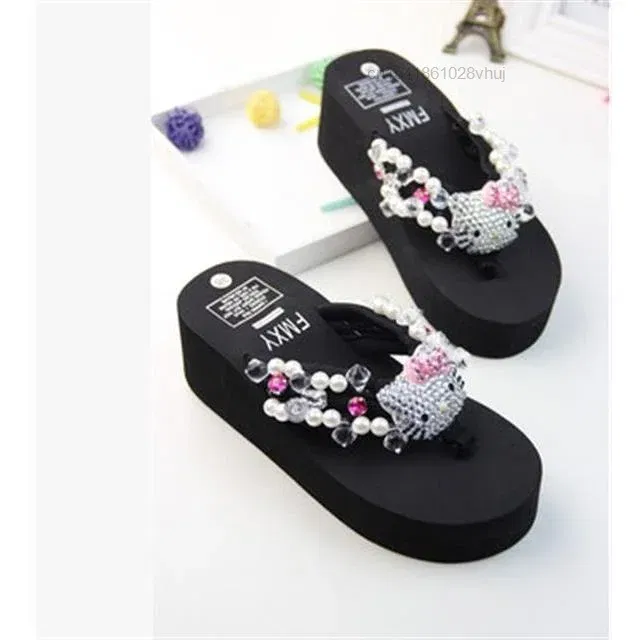 Color: Beige, Shoe Size: 35 - Sanrio Hello Kitty Soft Flip Flop Sandals Y2k Beach Slides Shoes Women Kawaii Casual Wedge High Heels Platform Slippers Ladies