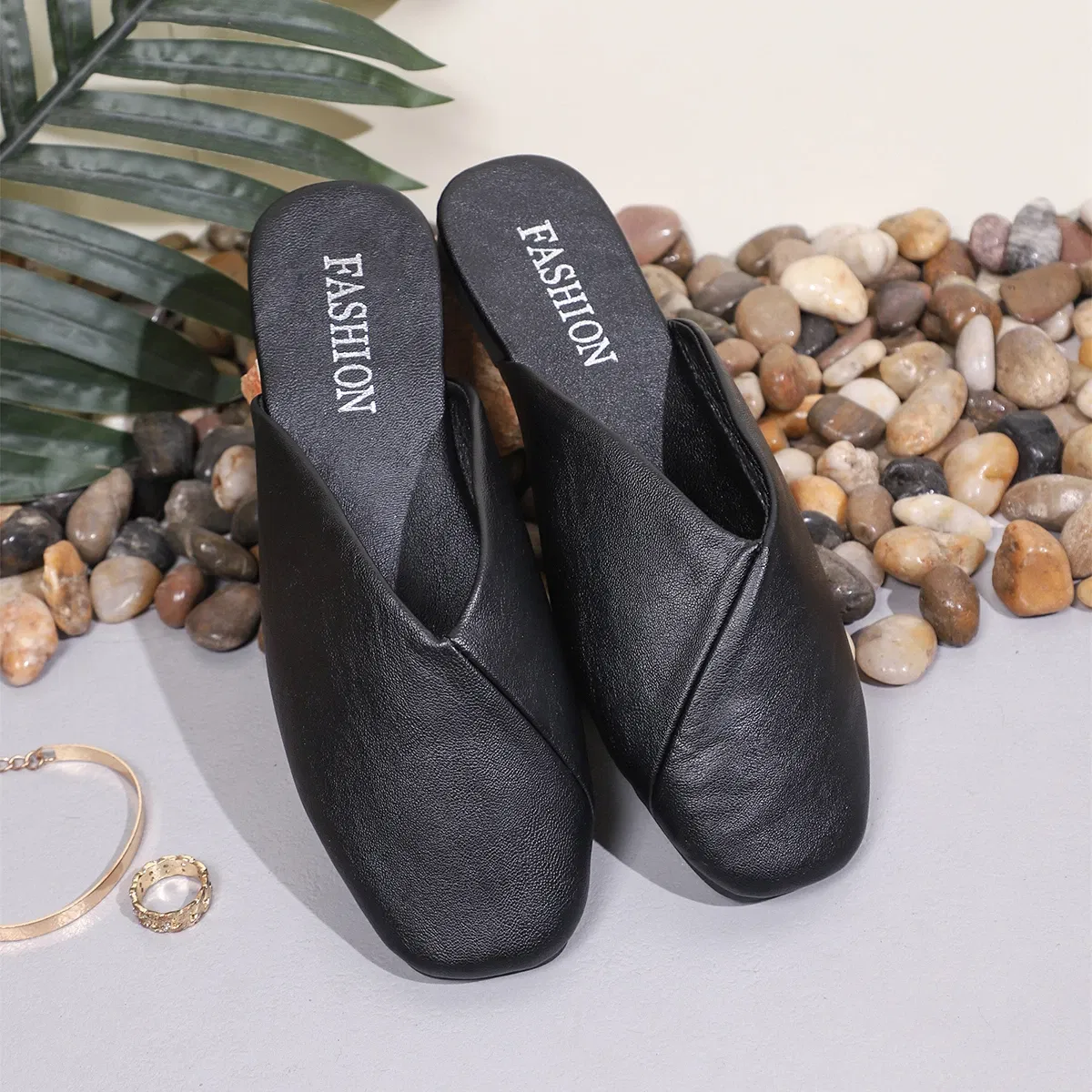 Color: Beige, Shoe Size: 36 - Fashion Slip on Mules Big Size 43 Flat Slippers 2024 Summer Women Flat Casual Outdoor Square Toe Shoes Ladies Slippers