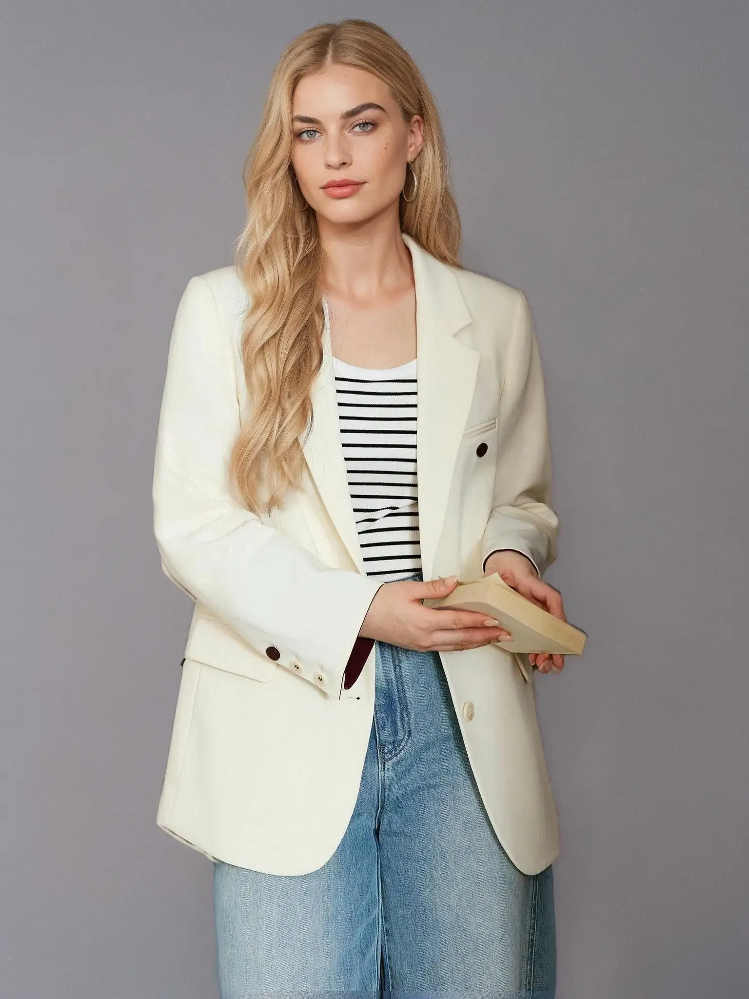 Color: Beige, Size: L - DUSHU Plus Gray Blazer Jacket For Women 2025 Spring New Design Elegant Style Commuter Coat Chic Outwear Office Lady 25DS81036