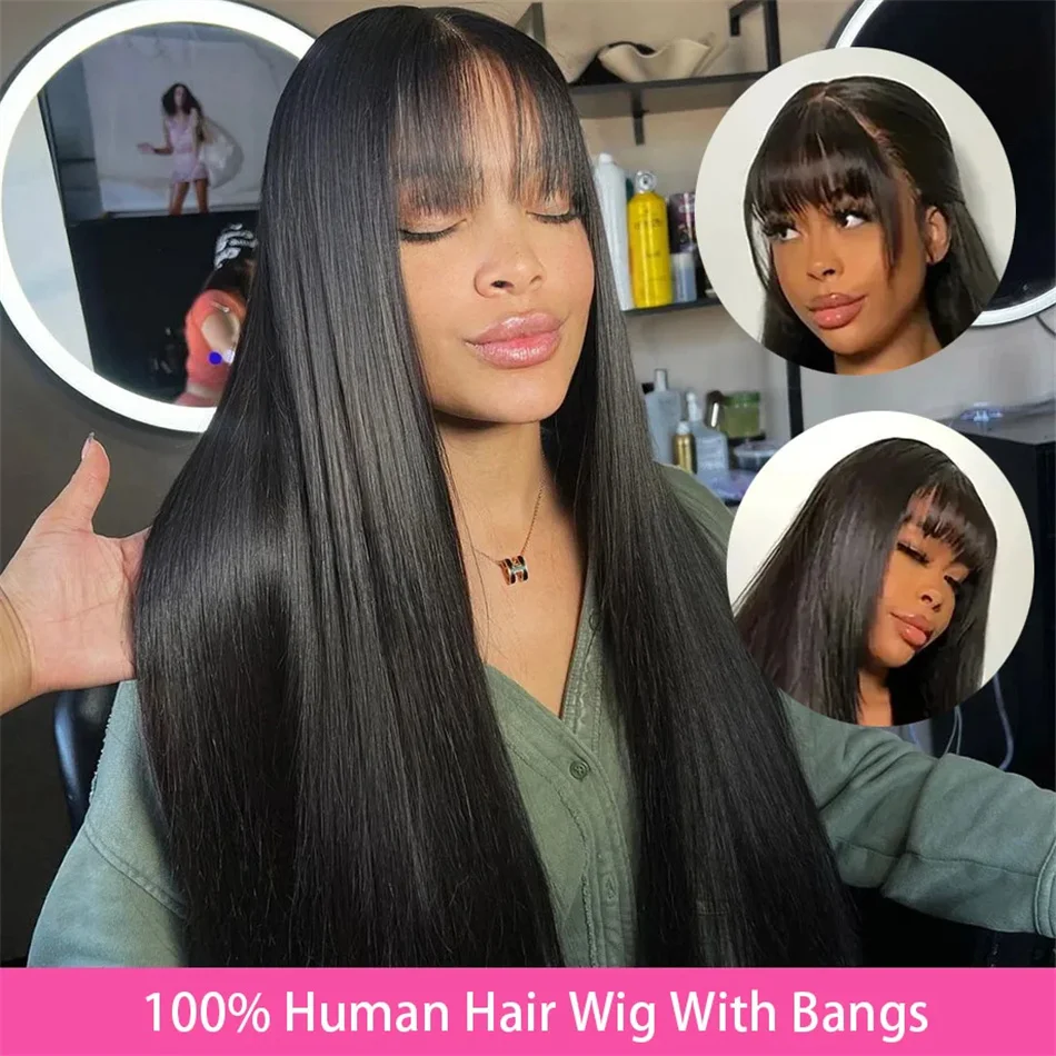 Stretched Length: 28inches, Density: 180% - Silky Wig Human Hair Full Machine Made Straight 100% Human Hair Wigs With Bangs For Women Brazilian Cheap Wig On Sale Clearance