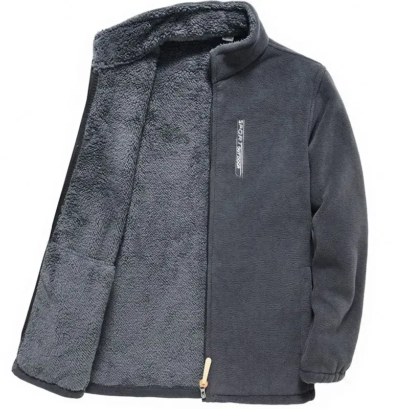 Color: Dark Grey, Size: XL - Men's Fleece Zip Up Outerwear Zipper Fleece-lined Stand Collar Thickened Outdoor Jacket Windproof Polar Fleece Coldproof Jackets