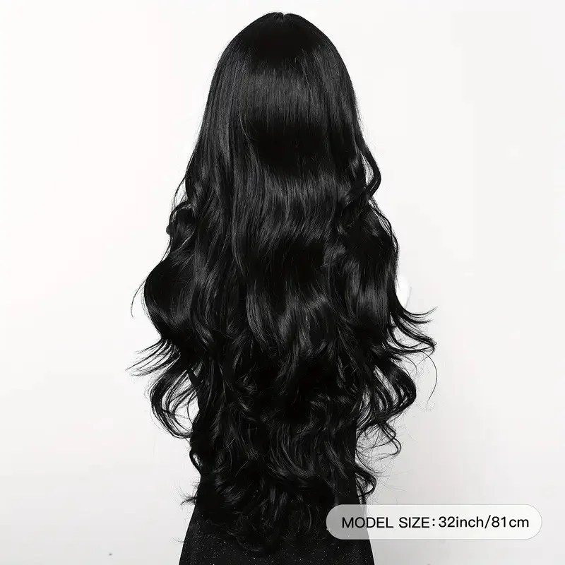 Color: #3 - Black synthetic wig with middle-parted long hair and big waves for party or daily use. High-temperature synthetic hair cap.