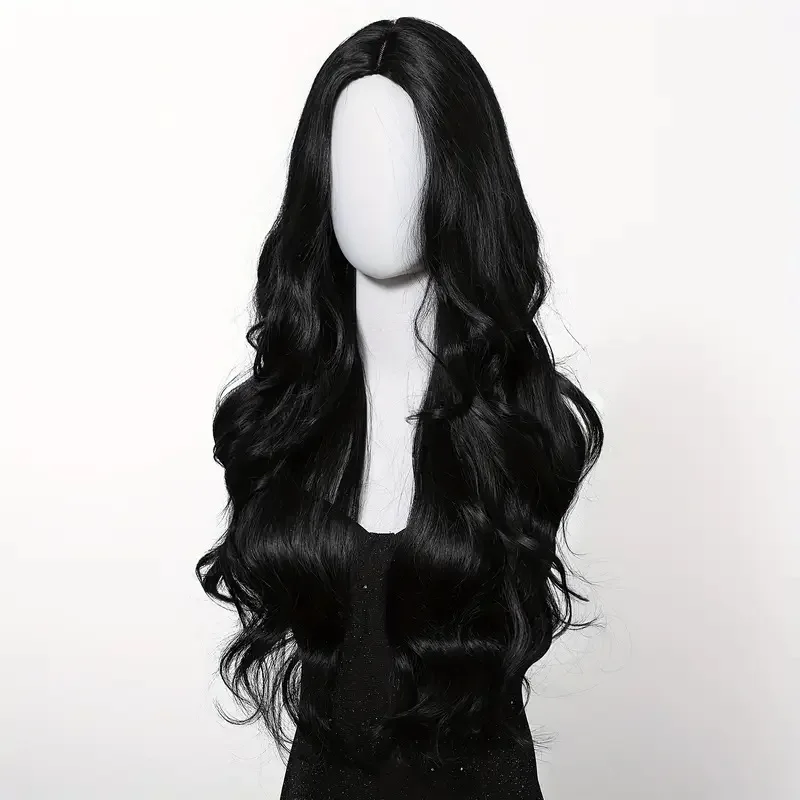 Color: #3 - Black synthetic wig with middle-parted long hair and big waves for party or daily use. High-temperature synthetic hair cap.
