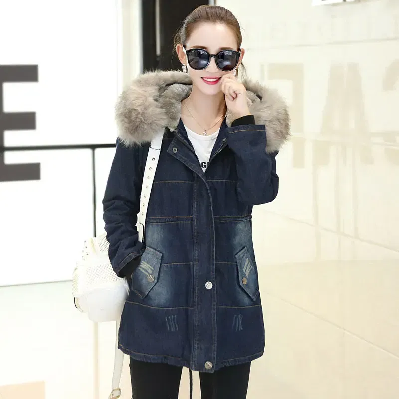 Color: Blue, Size: L - 2019 New Plus Velvet Padded Coat Women Winter Denim Jacket With Large Fur Collar Denim Jacket Hooded Warm Cotton Clothing f1911