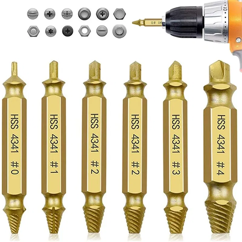 Color: Silver - HSS Extractor Double Head Screw Slide Tooth Removal Screwdriver Screwdriver Bit Broken Wire 6pc Tool Set