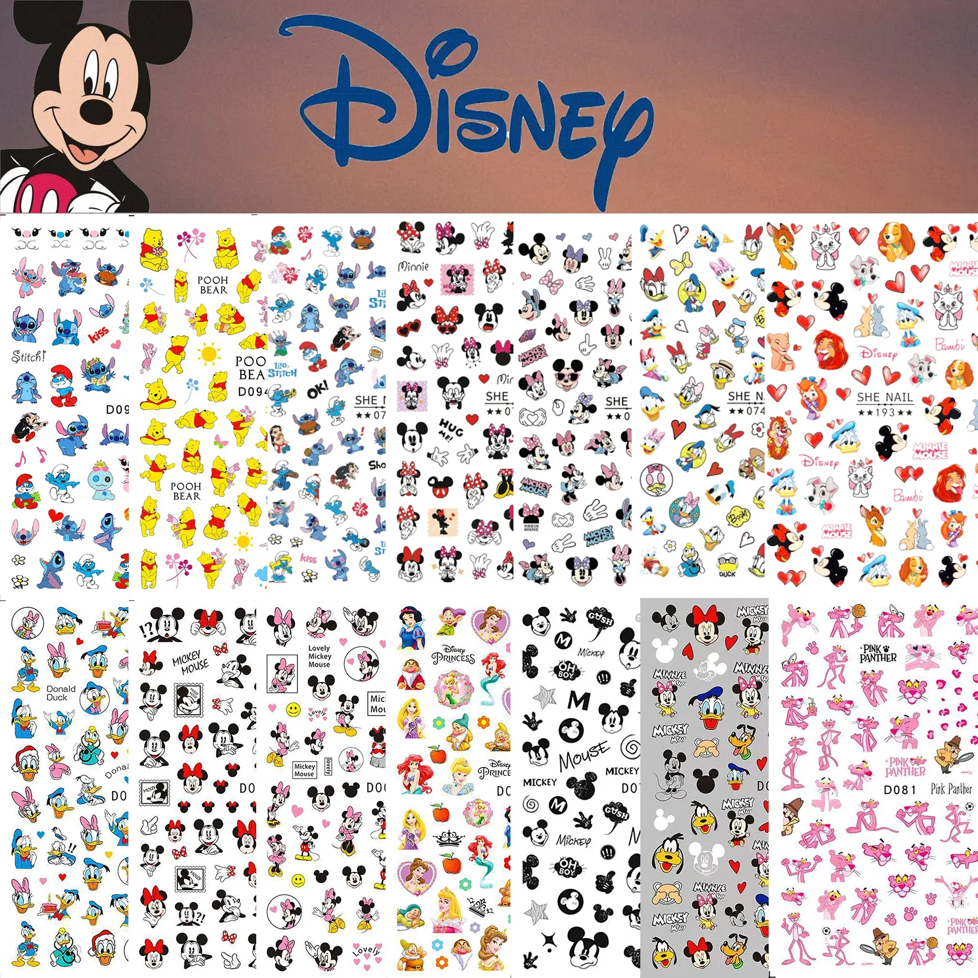 Color: Light Grey - 1PCS Disney Cartoon Nail Stickers Wholesale Waterproof Paste Nail Art Sticker Princess Mickey Anime Series Nail Decoration