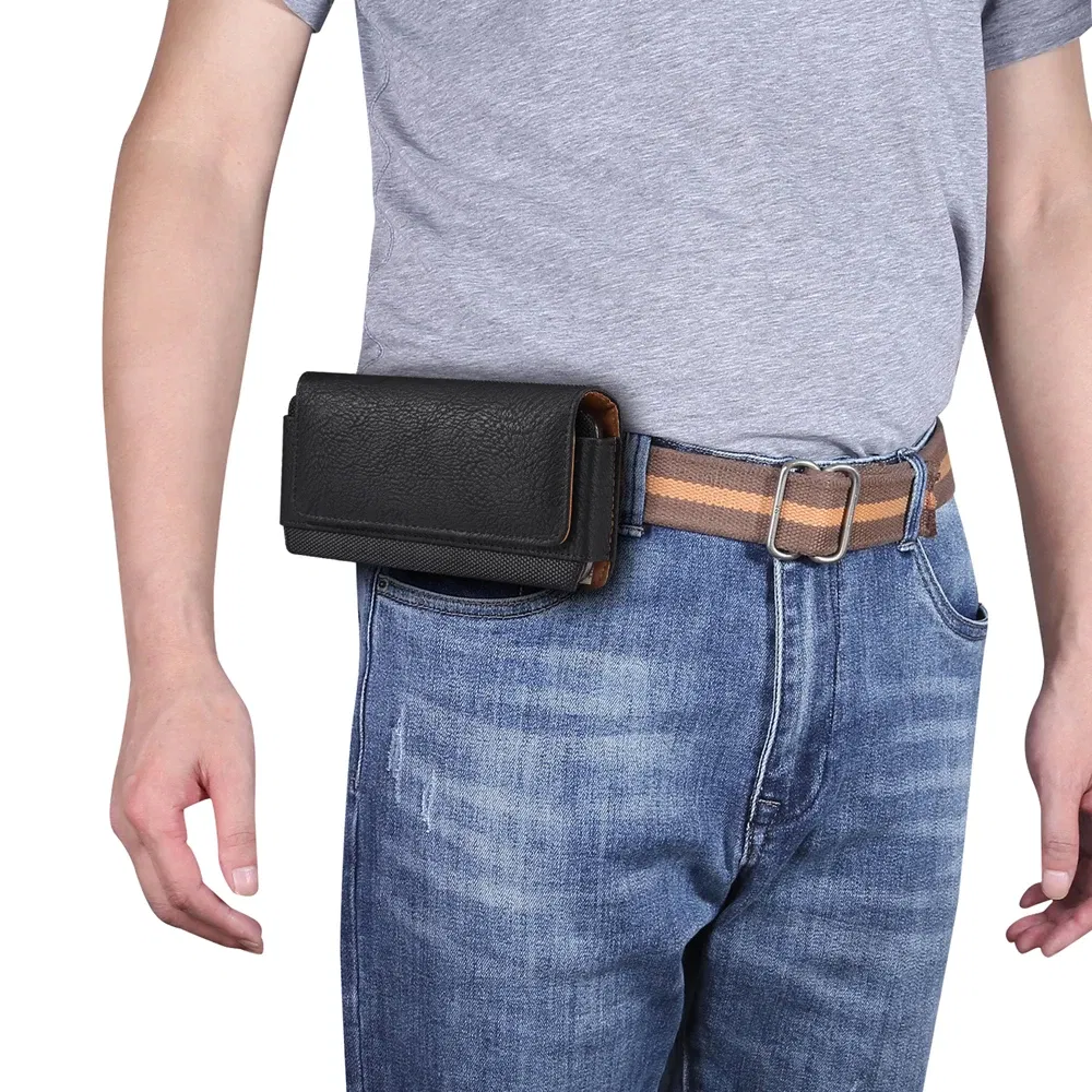 Color: black, Material: Cotton Fabric - Universal Leather Men Waist Bag For iPhone 15 14 13 12 Pro Max Samsung Galaxy S23 S22 Huawei Xiaomi Mobile Phone Belt Clip Cases