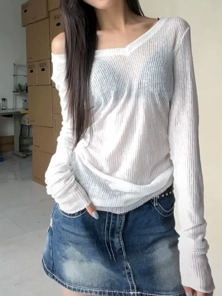 Color: Dark Grey, Size: L - Women Long Sleeve T Shirt Thin Perspective Summer Solid Slim Casual Shirts Female Pullovers Basic Tee Y2k Clothes Streetwear Top