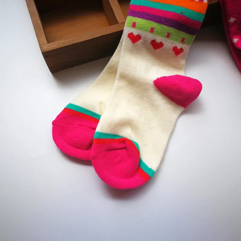 Color: Pink, Size: M - 1 PCS Girls Striped Tights Kids Stockings Spring Autumn Baby Girl Clothes Love Patterns Toddler Tights for Girls Pantyhose