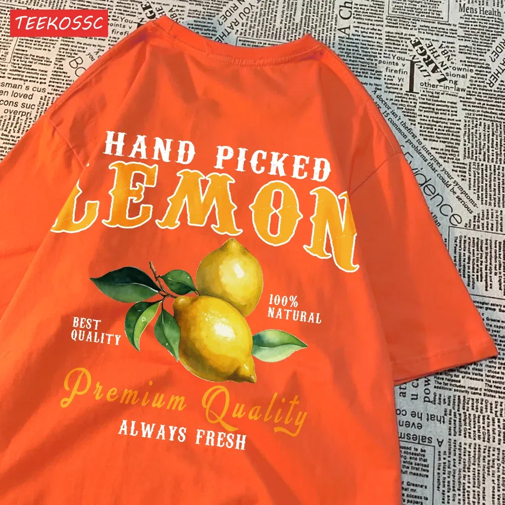 Color: camel, Size: L - Summer Lemon Cherries Prints T-Shirts Cotton Women's Tops Oversize O-Neck Soft Short Sleeve tees Street Casual Womans Clothes