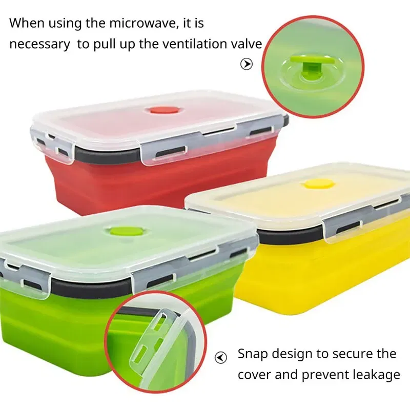 Number of Tiers: 1-tier, Color: Red - 4PCS Foldable Silicone Lunch Box Portable Microwave Heated Lunch Box Square Silicone Preservation Box Kitchen Supplies