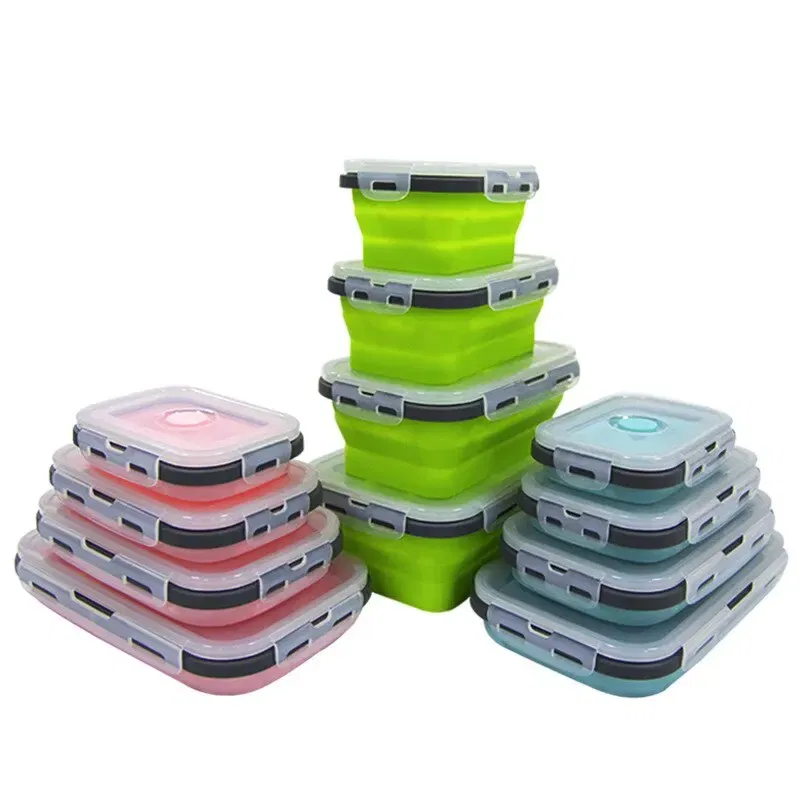 Number of Tiers: 1-tier, Color: Red - 4PCS Foldable Silicone Lunch Box Portable Microwave Heated Lunch Box Square Silicone Preservation Box Kitchen Supplies