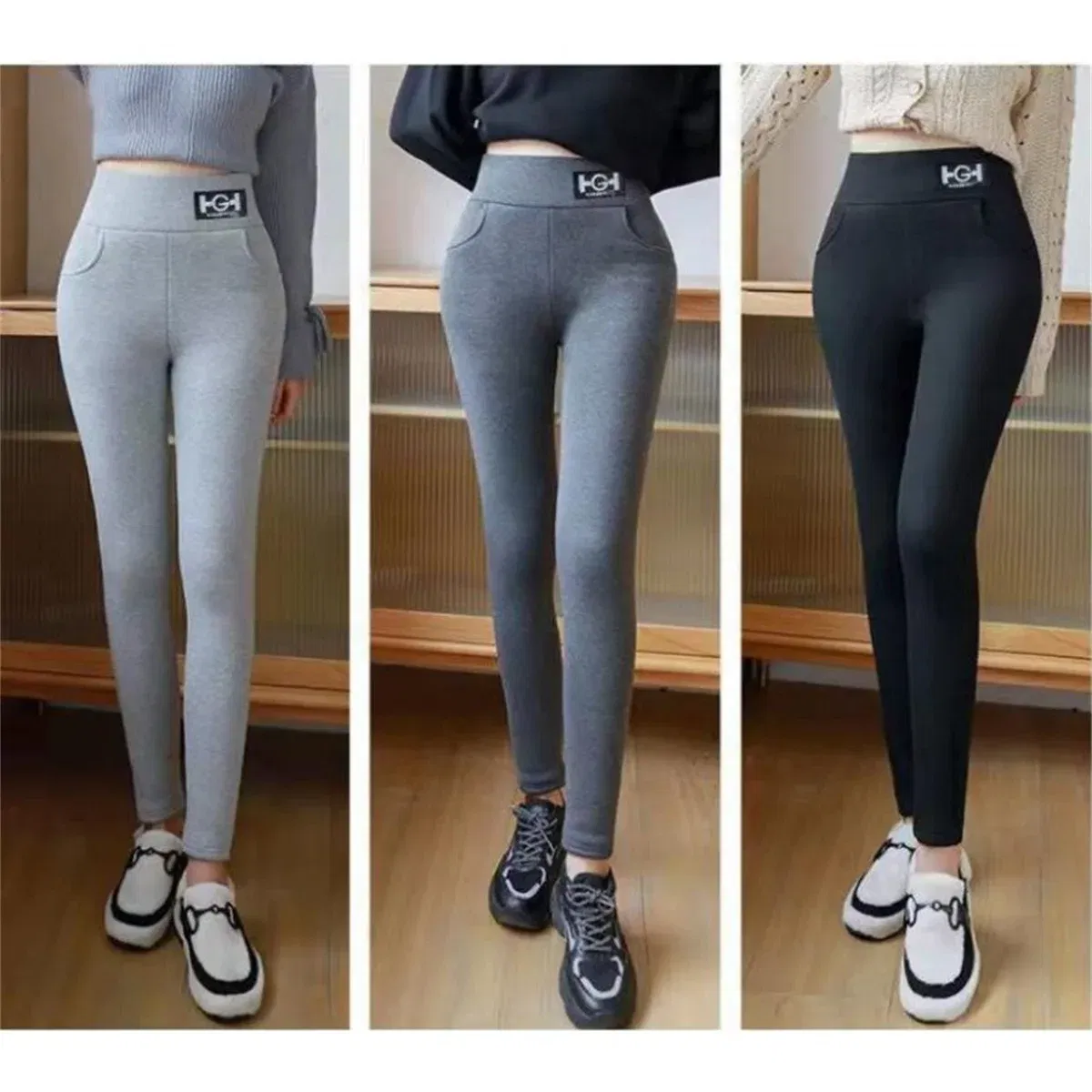 Color: Gold, Size: S - Winter Women Leggings Solid Warm Leggings Thicken Lambwool Hight Waist Fleece Keep Butt Lift High Stretchy Walking Pants Pocket