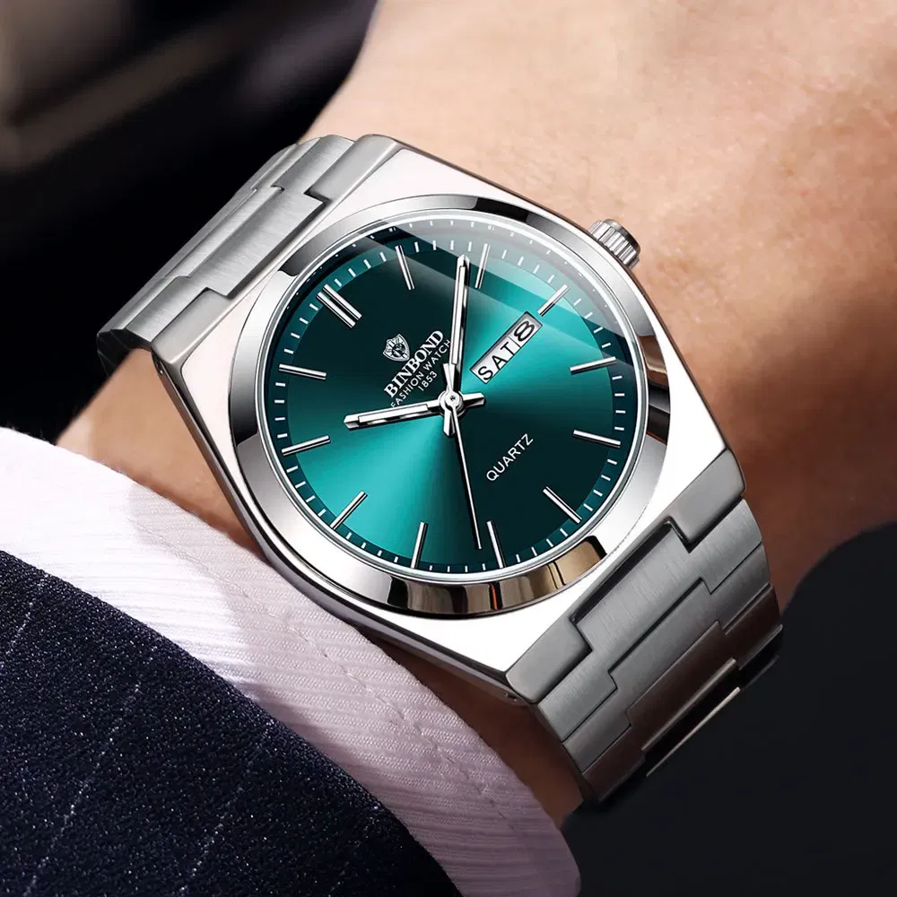 Color: Rose - UTHAI Men Watch Light Luxury Brand Stainless Steel Double Calendar Waterproof Male Business Leisure Fashion Quartz Clock Watches