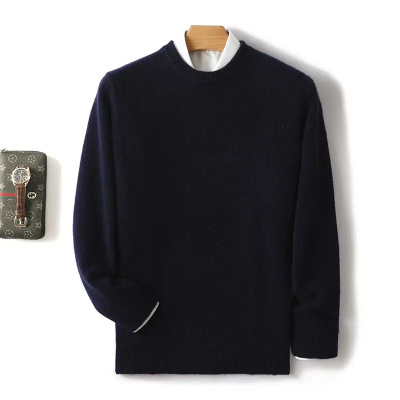 Color: Navy Blue?€ AE existing skus?‰, Size: L, Ships From: CHINA - Men's 100% Pure Wool Cashmere Sweater O-Neck Pullover Knit Sweater Autumn and Winter New Long Sleeve High-End Jumpers Thick Tops