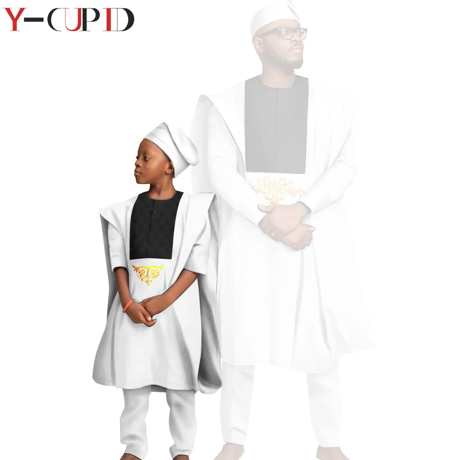 Color: Silver, Size: Mother 3XL  - African Clothes for Men Top Pants Robes Hat Sets Match Kid Boy Sets Dashiki Father and Son Bazin Riche Family Outfits Y20F001