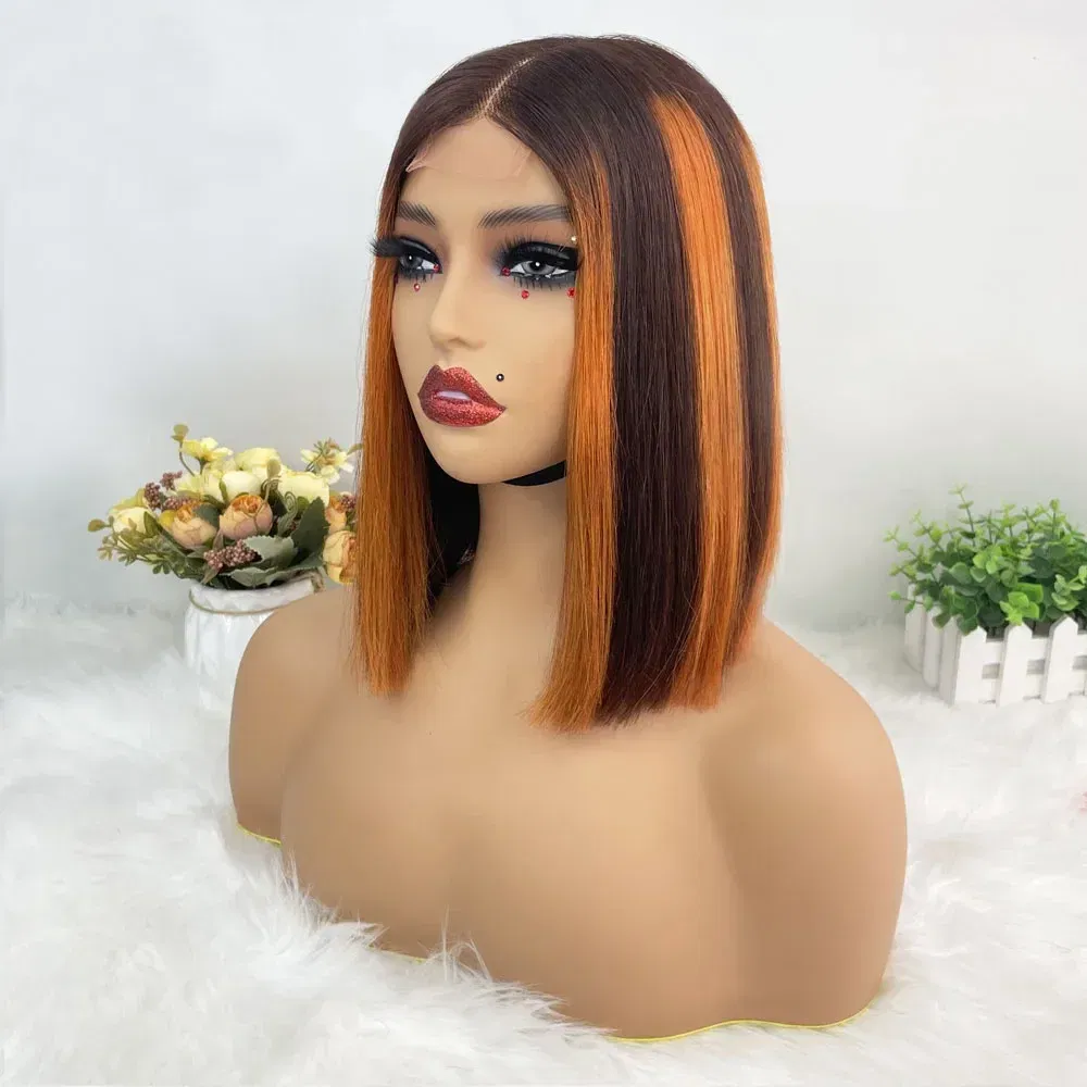 Hair Color: #10, Stretched Length: 8inches, Density: 100% - Vietname Super Double Drawn Straight Short Bob Wigs 2x6 Lace Closure Wig for Women 100% Human Hair Orange Candy Lace Closure Wig