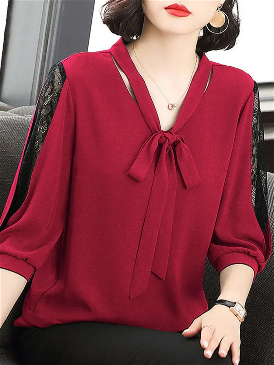Color: Red, Size: L - Women Spring Summer Style Blouses Tops Lady Casual Bow Tie Colloar Half Lace Sleeve Loose Blusas Tops DF4275