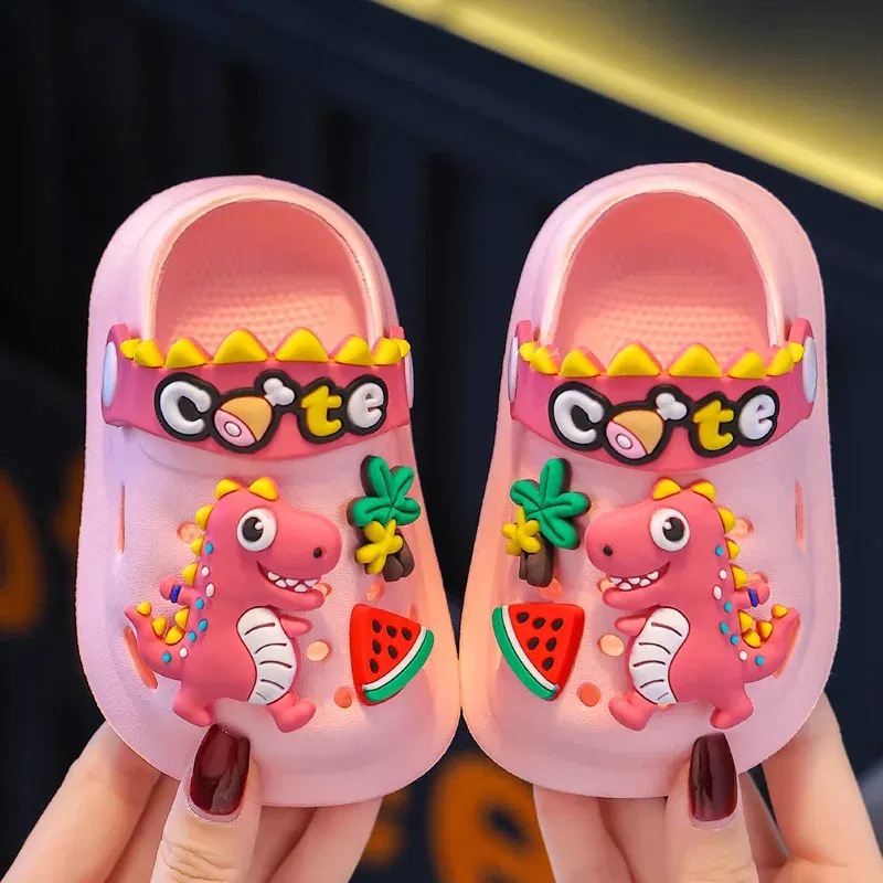 Color: Beige, Shoe Size: 3.5 - Summer Childrens Slippers Hole Kids Sandals Soft Anti-Skid Cartoon Dinosaur DIY Design Indoor Anti-Slip Boys Girls Beach Shoes