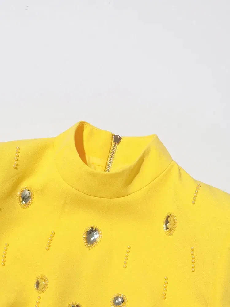 Color: black, Size: S - Spliced Diamonds Two Piece Set For Women Stand Collar Long Sleeve Tops High Waist Skirt Elegant Chic Set Female Fashion New