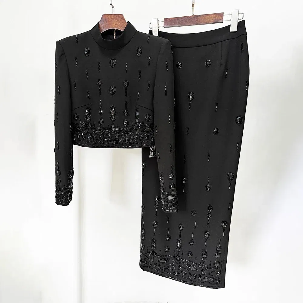 Color: black, Size: S - Spliced Diamonds Two Piece Set For Women Stand Collar Long Sleeve Tops High Waist Skirt Elegant Chic Set Female Fashion New