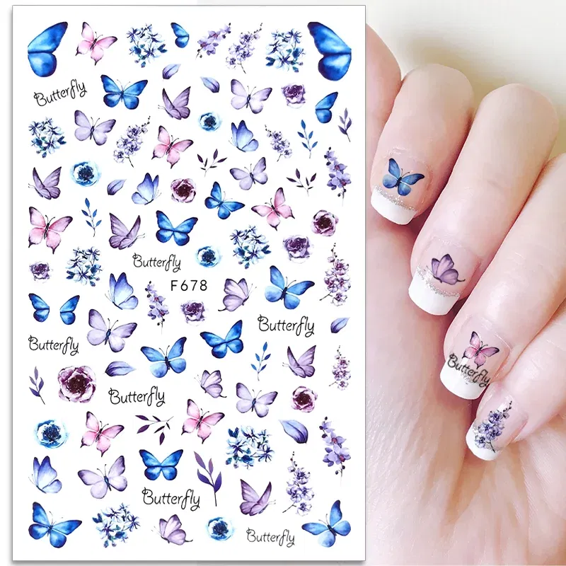 Color: Light Grey - 3D Blue Butterfly Adhesive Stickers Nail Art Decoration Laser Flowers Leaves Nail Sticker Nail Art Supplies Nail Parts