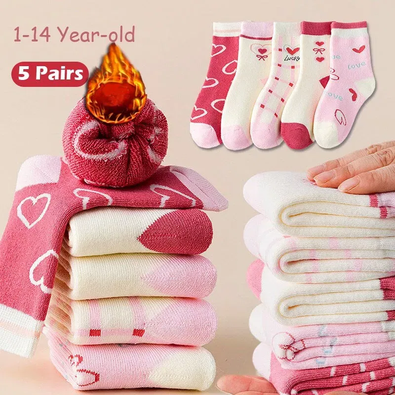 Color: Gold, Size: 10-12T - Girls Winter Socks 5 Pairs Baby Cute Color Princess Pink Thick Cotton Socks Children Warm Winter Socks