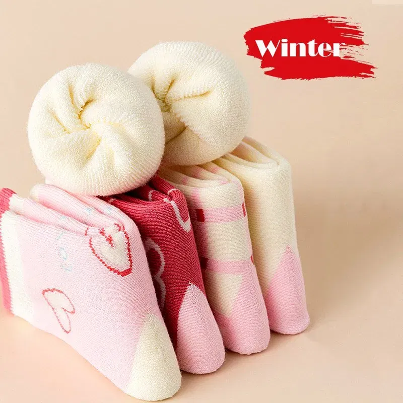 Color: Gold, Size: 10-12T - Girls Winter Socks 5 Pairs Baby Cute Color Princess Pink Thick Cotton Socks Children Warm Winter Socks