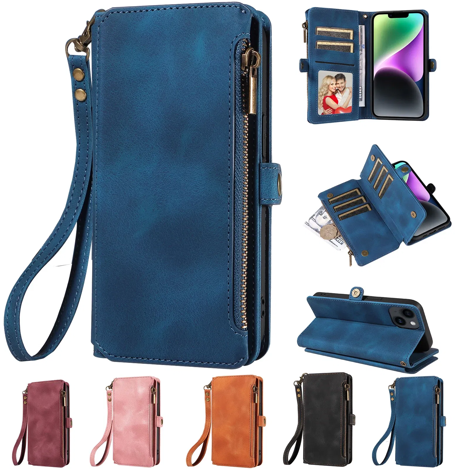 Color: black, Material: Vinyl - Zipper Multi 9 Cards Wallet Case for OPPO Reno 12 10 8 7 6 5 Pro 11F 11A 8T 6Z 5Z Retro Leather Lanyard Wrist Strap Phone Cover
