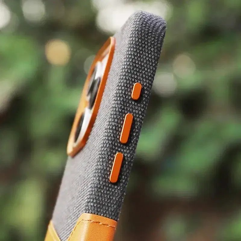 Color: Orange, Material: Denim - Card Holder MagSafe Leather Phone Case For iPhone 15 14Pro Max 13 14 Pro 12 Pocket Wireless Charging Alloy Lens Hit Color Cover