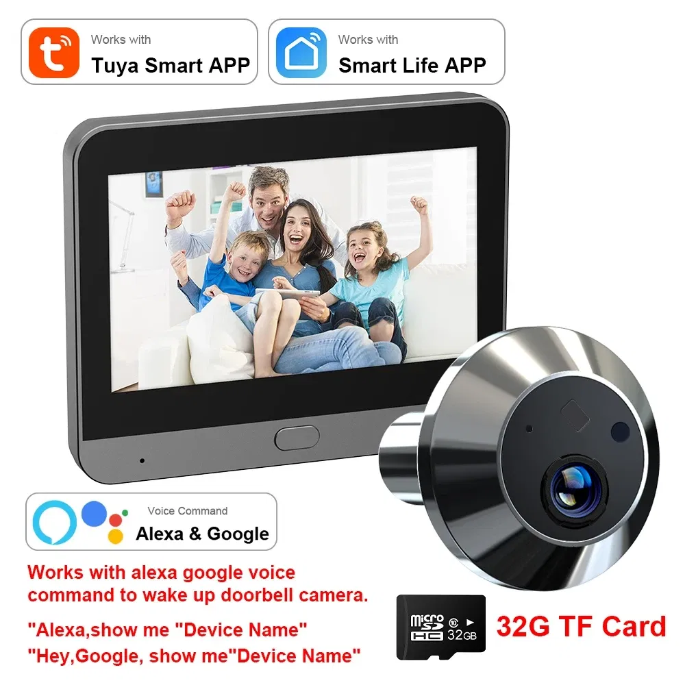 Color: Blue, Ships From: CHINA - New! Mini Smart Life Tuya 3MP 140?° Wide View Angle 2.4Ghz WiFi Magic Door Peephole Eye PIR Camera Digital Door Viewer Battery