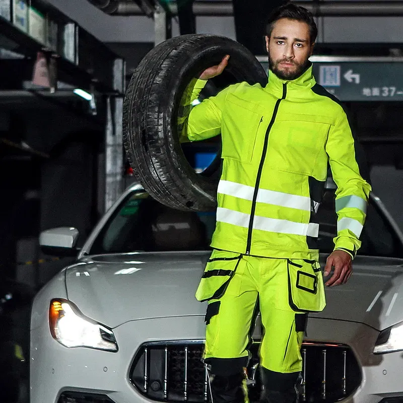 Men's Workwear Suit Work Suit Fluorescent Yellow Work Jacket and Pants Set with Multi Pockets Work Wear