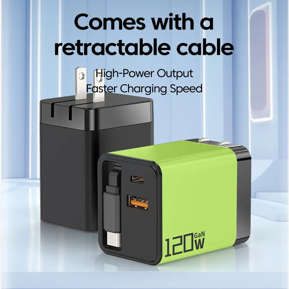 Plug Type: US - 120W Super Fast Charge Type C USB Phone Charger With Telescopic Retractable USB C Cable For Iphone 16 15 Samsung Laptop