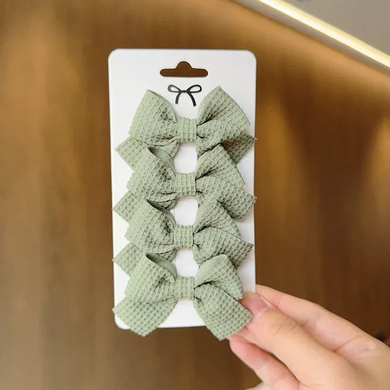 Color: MAROON - 4PCS Soft Cotton Bow Hairpin Girl Sweet Plaid Design Hairpin Color Block Delicate Hairgripe Barrettes Kawaii Child Accessories