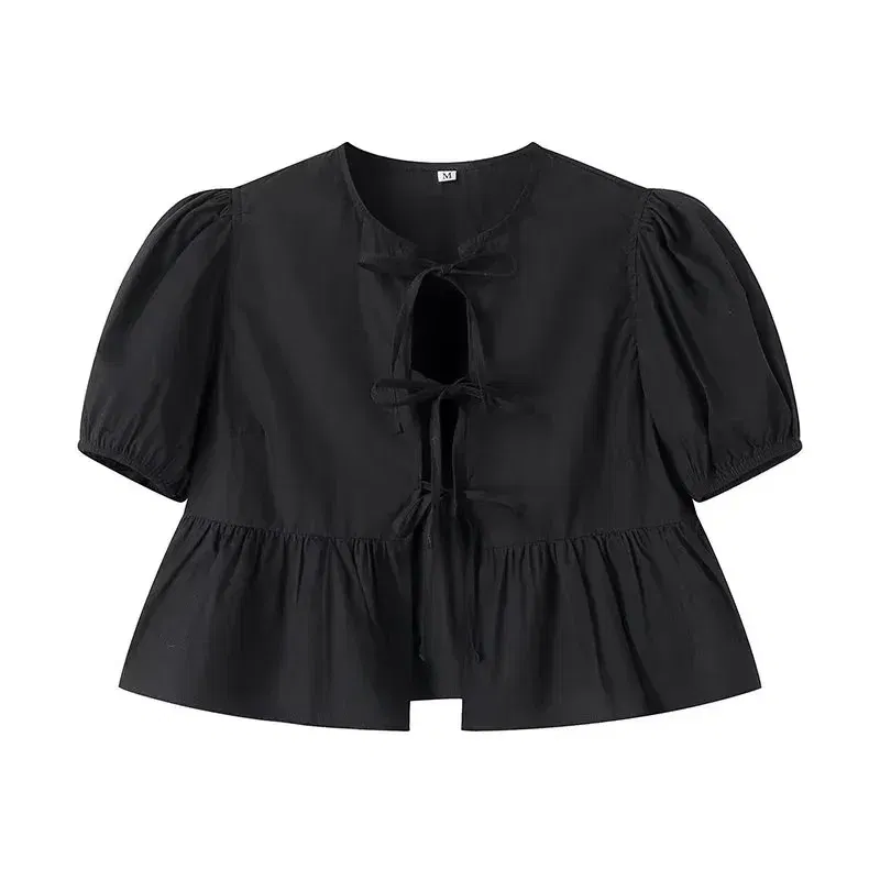 Color: GRAY, Size: XS - TRAF White Crop Top Women Black Ruffle Short Puff Sleeve Blouse Female Bow Tied Summer Blouses Woman 2024 Ruched Cute Tops