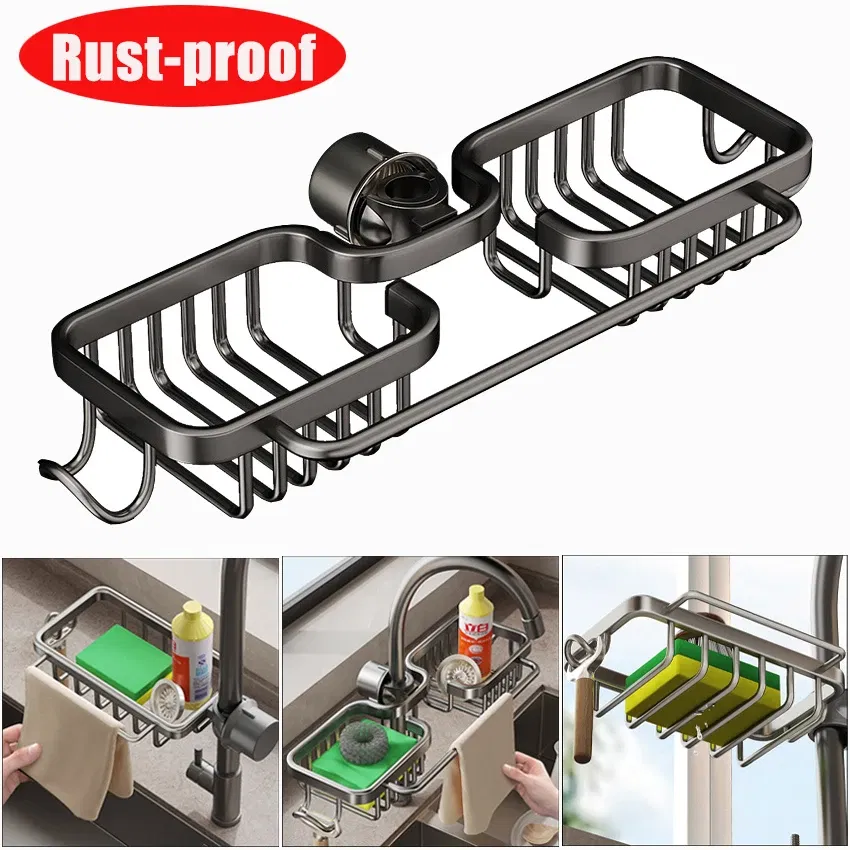 Color: Light Grey - New Rust-proof Kithen Faucet Drainer Rack Sponge Towel Holder Shelf Bathroom Soap Organizer Stand Sink Accessories Storage Stand