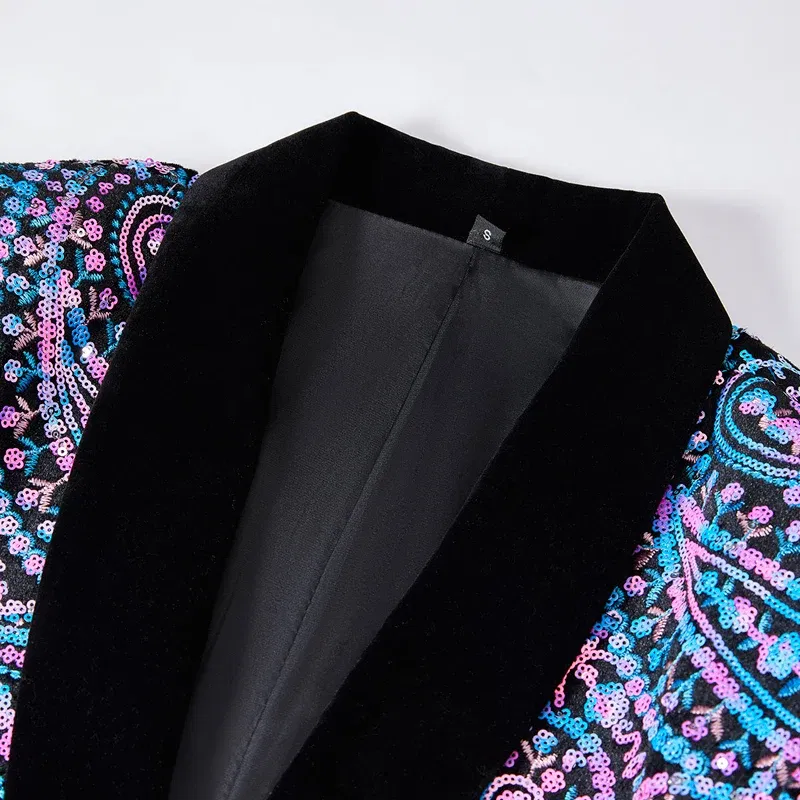Luxury Paisley Floral Colorful Sequin Velvet Suit Jacket Men Shawl Collar One Button Dress Blazers Wedding Party Dinner Tuxedo