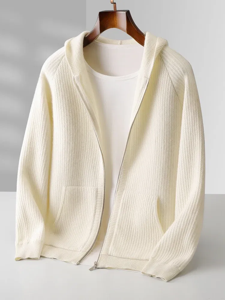 Color: black, Size: L - Daily Clothes Autumn Winter Sweater Men's Coat 100% Merino Wool Sweater Cardigan Knitted Jacket Thicked Hooded Outerwears Trend