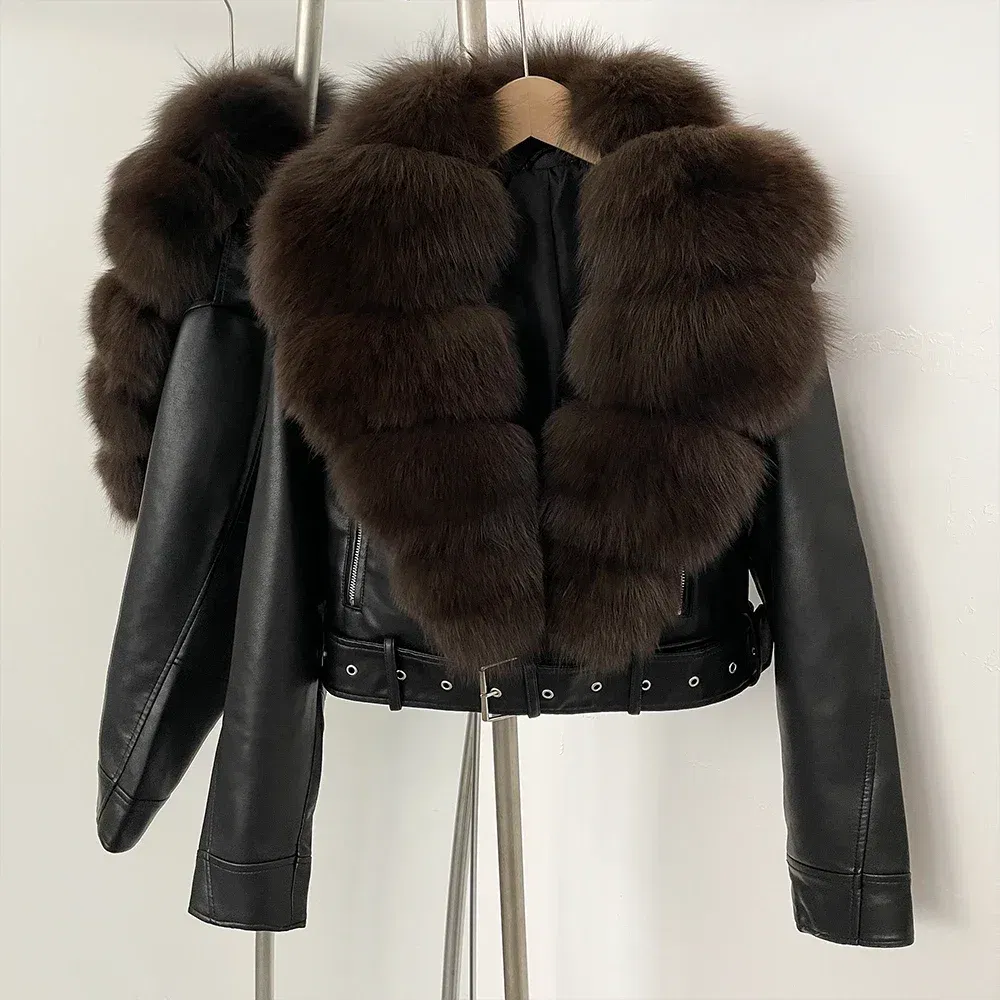 Color: Ivory, Size: XS - Fake Leather Coat New Natural Fox Fur Autumn Short Faux Leather Jacket Female Spring PU Women Long Sleeve Real Fur Coat Thin