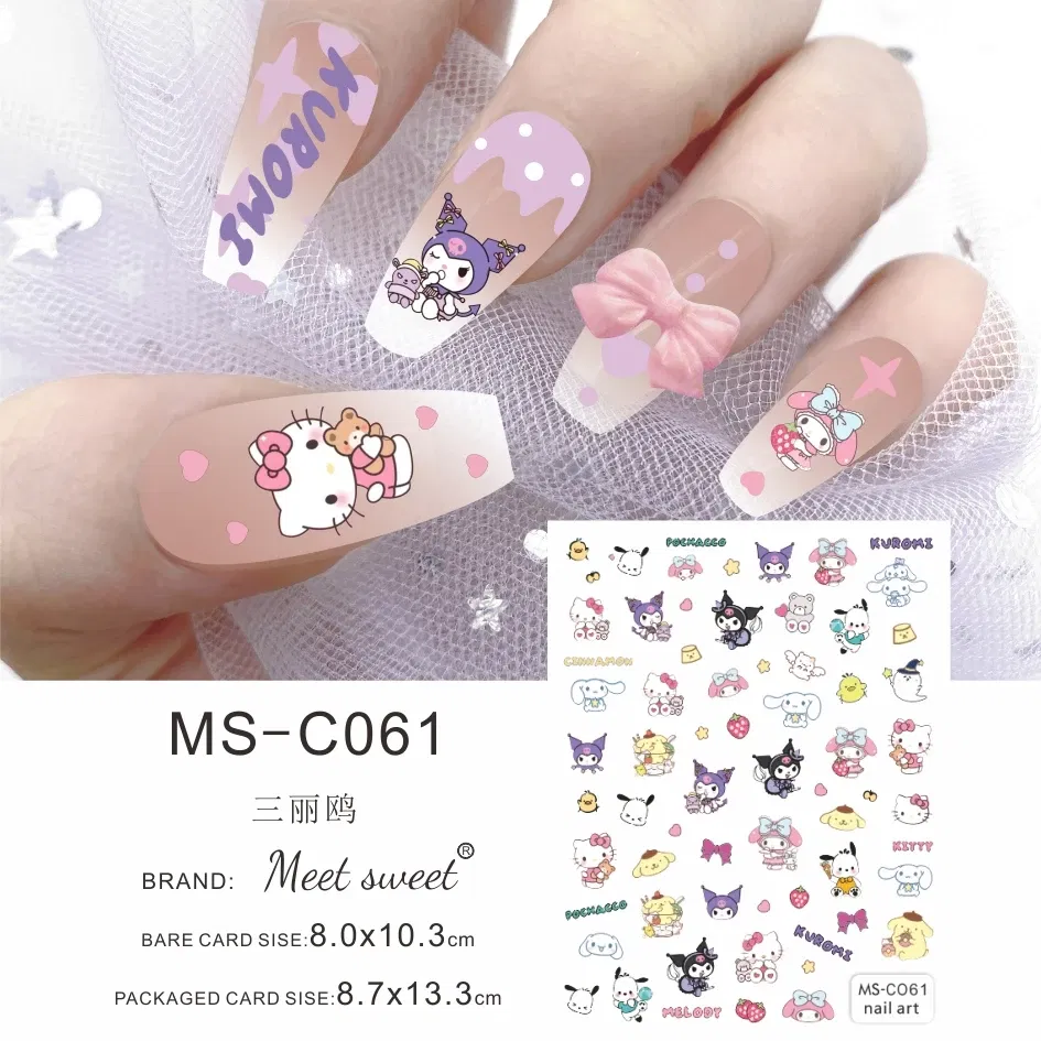 Color: Lavender - 1PCS 3D Cute Chulomi Melody Hello Kitty Cartoon Stickers For Nails Nail Accessories Mickey Mouse Barbie Princess Nail Stickers