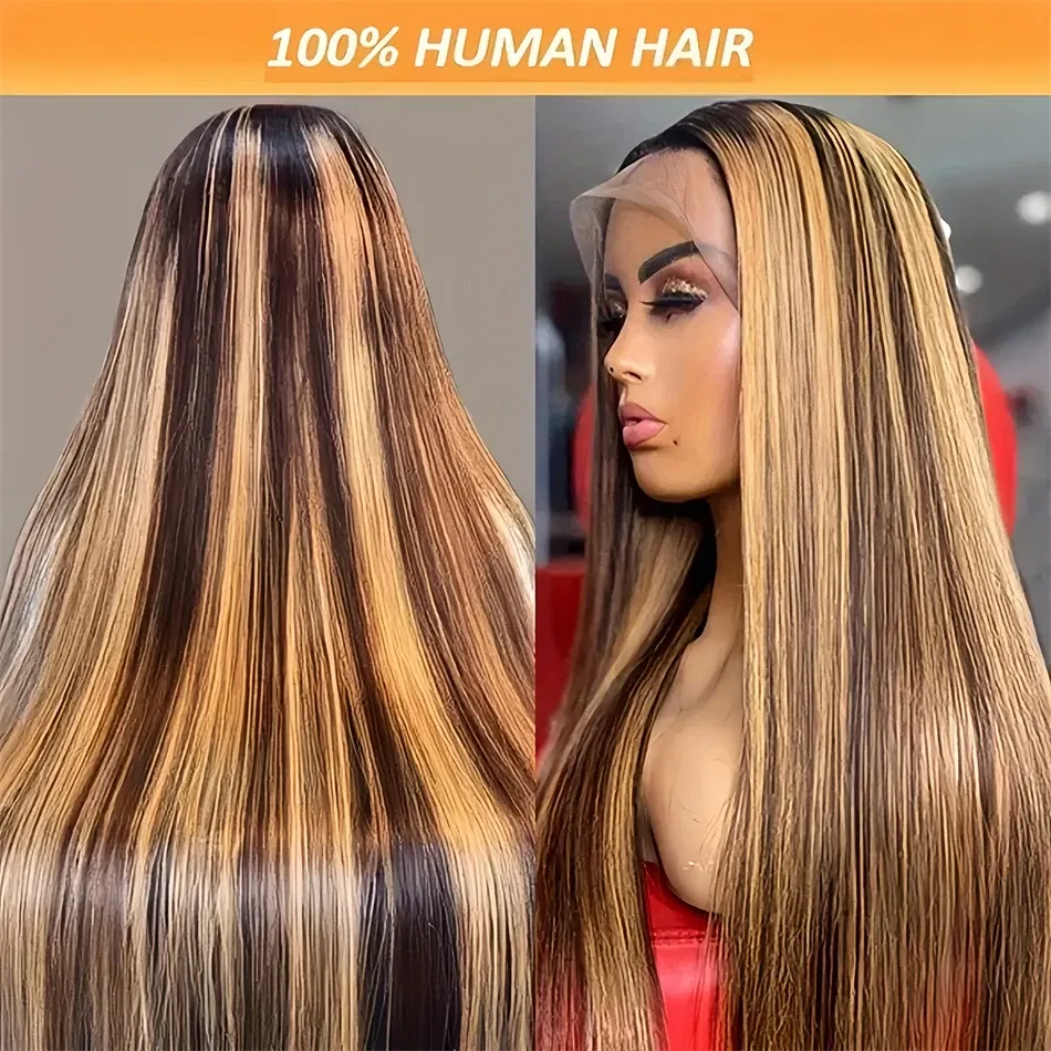 Highlight Straight 13x6 Hd Transparent Lace Frontal Wigs Human Hair 13x4 Hd Lace Front P4/27 Colored Preplucked Wig for Women