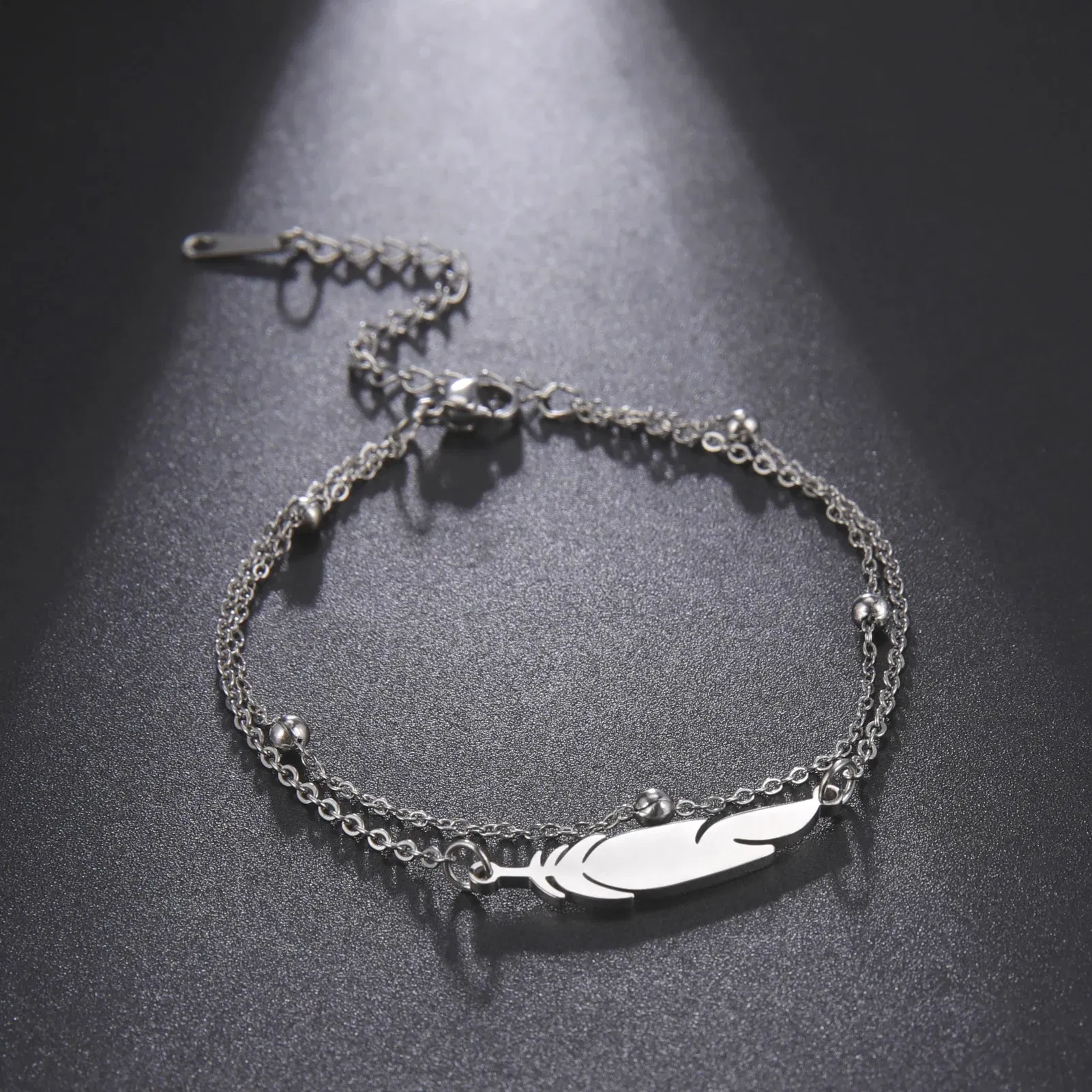 Metal Color: Titanium Plated - Kkjoy Ankles of Women Men Silver Color Feather Stainless Steel Double Foot Chain Beach Style Trendy Female Jewelry Accessories