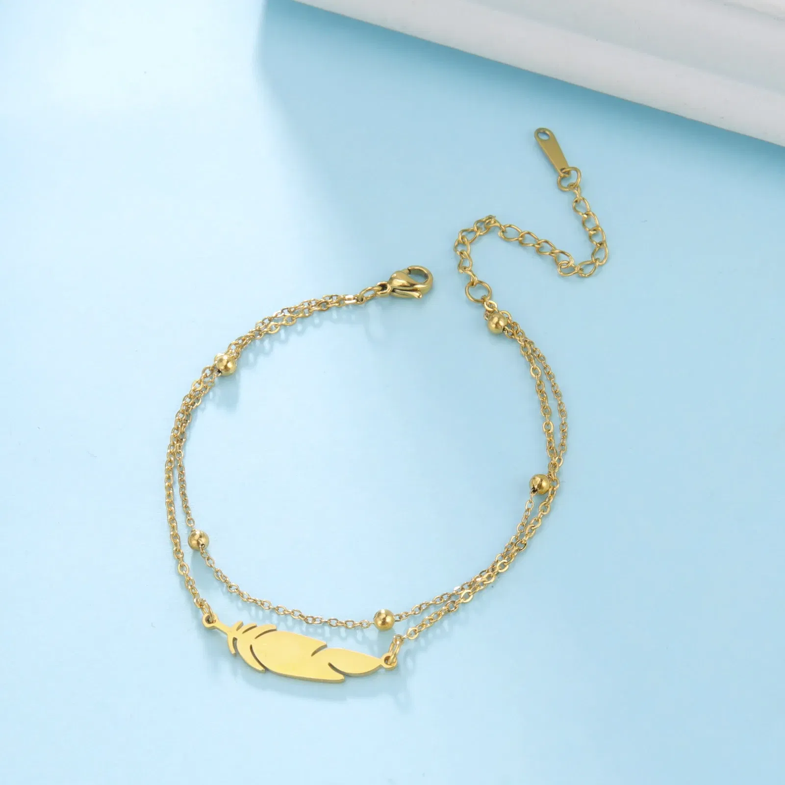 Metal Color: Titanium Plated - Kkjoy Ankles of Women Men Silver Color Feather Stainless Steel Double Foot Chain Beach Style Trendy Female Jewelry Accessories