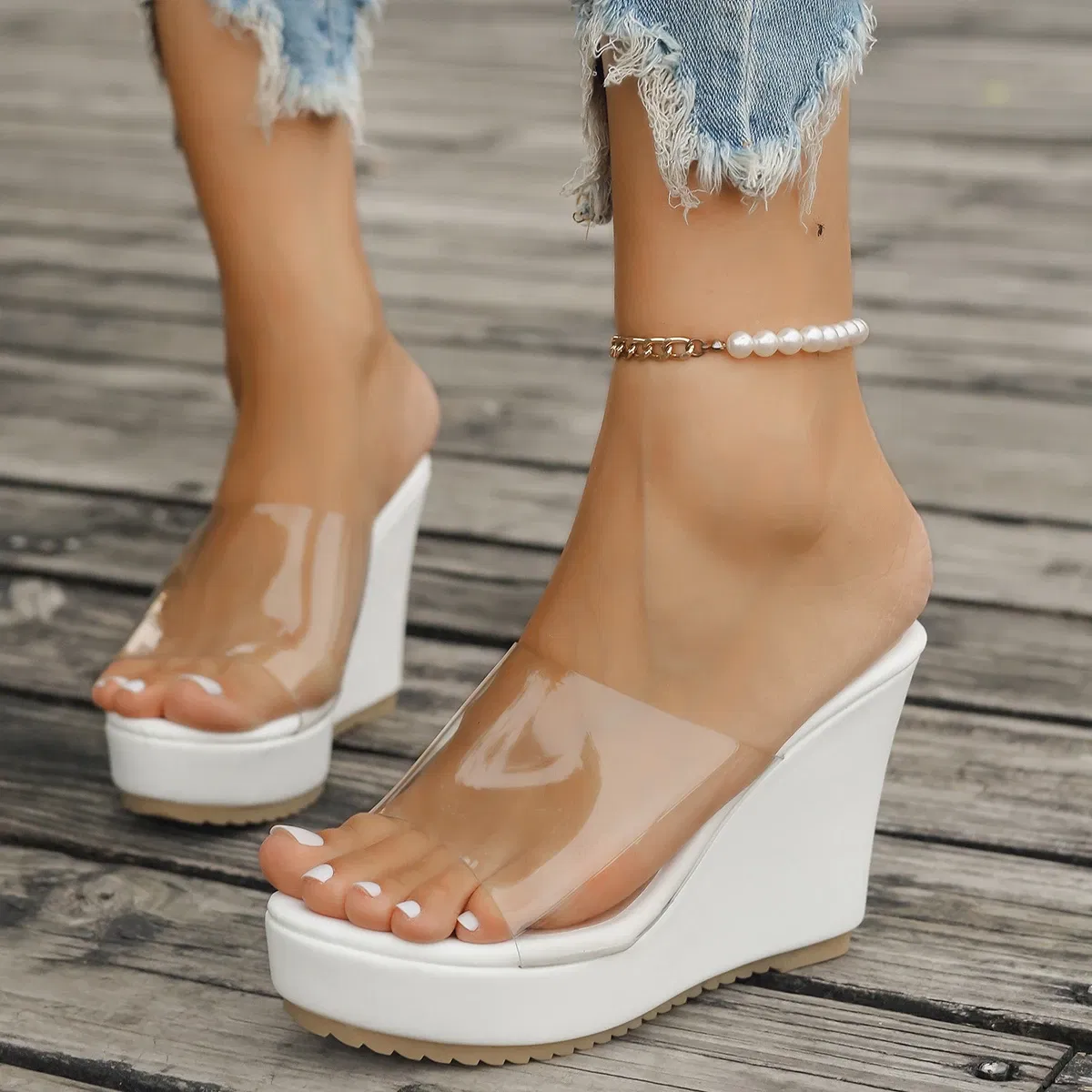 Color: black, Shoe Size: 37 - 2024 Women Sandals New Casual Heels Woman Transparent Platform Wedges Non-slip Shoes Ladies Summer High Heel Large Size 35~43