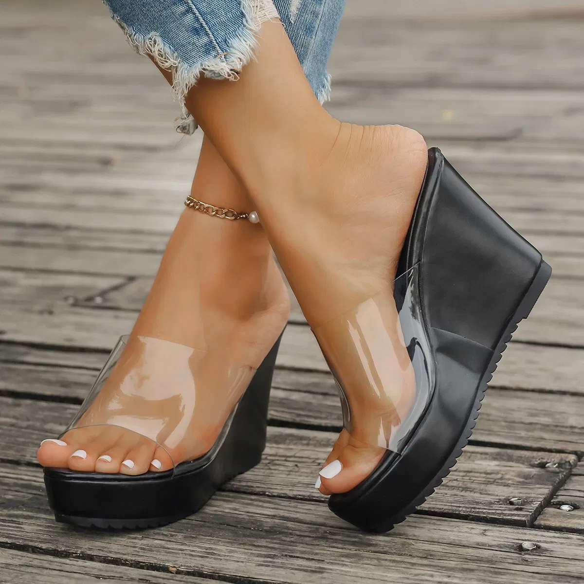 Color: black, Shoe Size: 37 - 2024 Women Sandals New Casual Heels Woman Transparent Platform Wedges Non-slip Shoes Ladies Summer High Heel Large Size 35~43