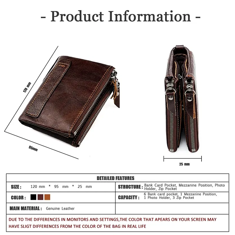 Color: Brown - Genuine Leather Short Men RFID Wallets Name Engraving Leather Card Holder Brand Men Purse Retro Coin Pocket Zipper Male Wallet