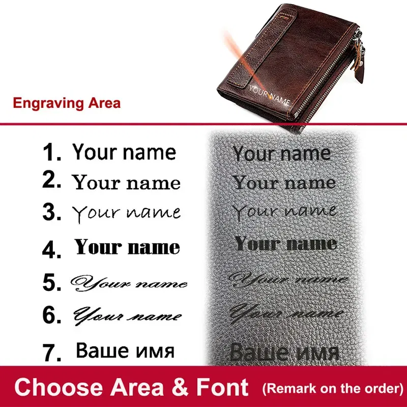 Color: Brown - Genuine Leather Short Men RFID Wallets Name Engraving Leather Card Holder Brand Men Purse Retro Coin Pocket Zipper Male Wallet
