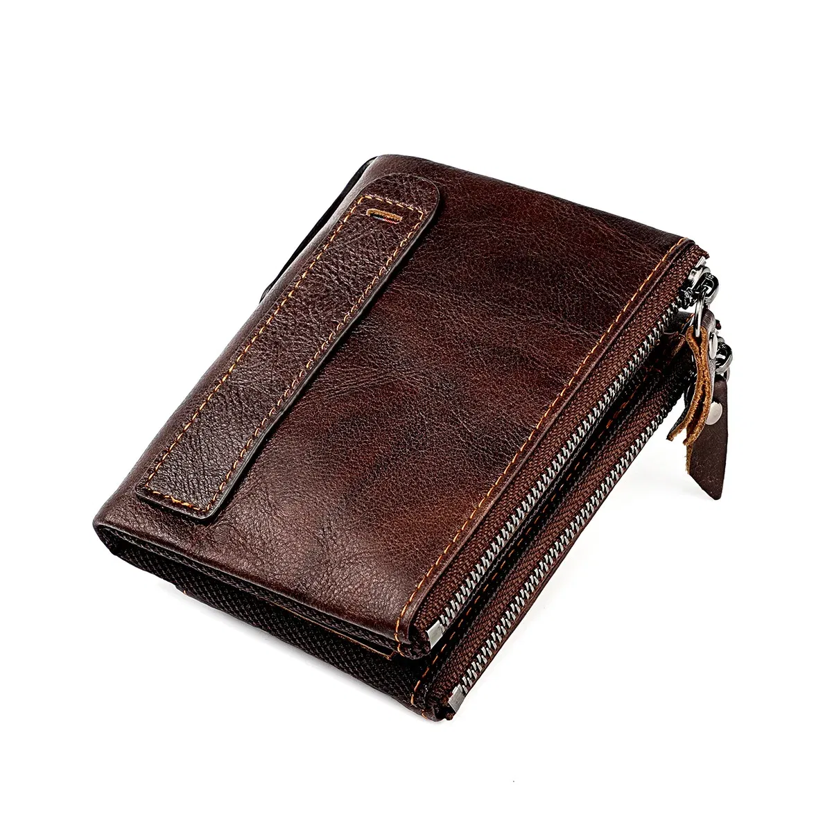 Color: Brown - Genuine Leather Short Men RFID Wallets Name Engraving Leather Card Holder Brand Men Purse Retro Coin Pocket Zipper Male Wallet